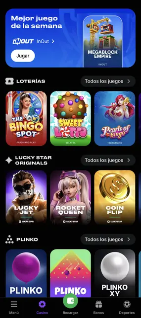 Vitrina con el mejor juego de la semana y los originales en Lucky Star desde el celular