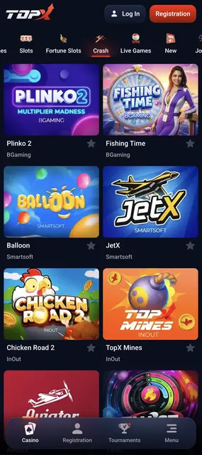 Pantalla de TopX: apartado de juegos instantáneos con Aviator y JetX